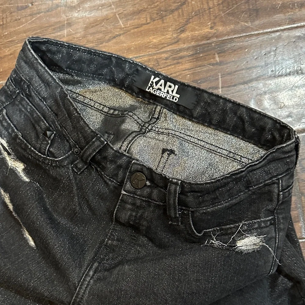 Karl Lagerfeld Black Distressed Skinny Metallic Jeans size 26 Luxury Denim - Picture 8 of 8